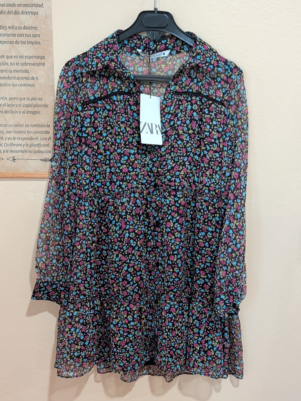 Zara floral print mini dress featuring sheer long sleeves, a ruffle tiered desig - Picture 2 of 7